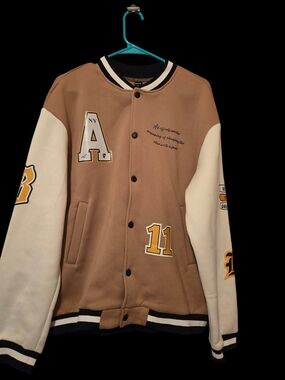 SHEIN Tan and White Varsity Bomber Jacket with Yellow Accents